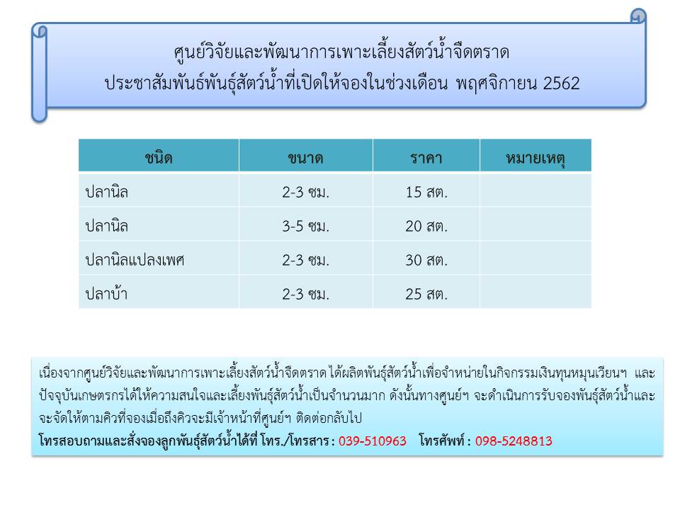 ชนิดสัตว์น้ำที่เปิดให้จองเดือน พฤศจิกายน 2562 ของศูนย์วิจัยและพัฒนาการเพาะเลี้ยงสัตว์น้ำจืดตราด