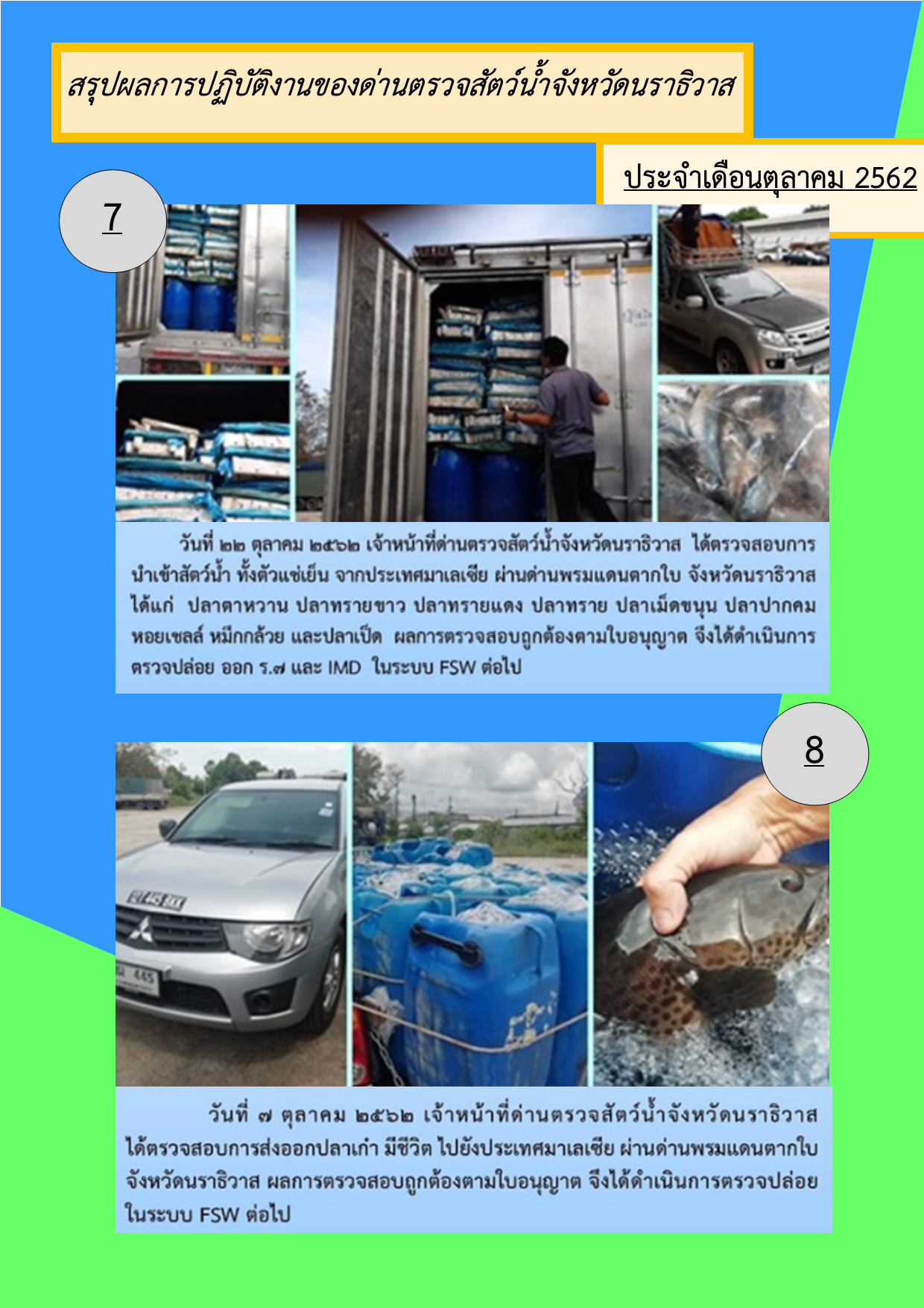 สรุปผลการปฏิบัติงานของด่านตรวจสัตว์น้ำจังหวัดนราธิวาส ประจำเดือนตุลาคม 2562..คลิก