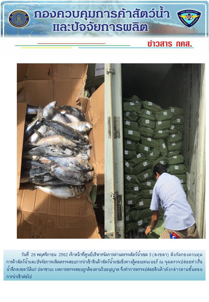 เจ้าหน้าที่ศูนย์บริหารจัดการด่านตรวจสัตว์น้ำเขต 3 (สงขลา) สังกัดกองควบคุมการค้าสัตว์น้ำและปัจจัยการผลิต ตรวจสอบการนำเข้าสินค้าสัตว์น้ำประเภทตู้คอนเทนเนอร์ ณ จุดตรวจปล่อยท่าเรือน้ำลึกสงขลา..คลิก