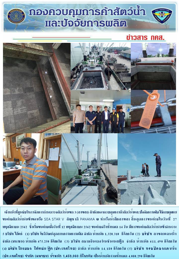 รายงานสิ้นสุดการควบคุมขนถ่าย เรื่อ SEA STAR V ซึ่งเป็นเรือขนถ่ายสัตว์น้ำต่างประเทศ สัญชาติ PANAMA ณ ท่าเรือน้ำลึกสงขลา..คลิก