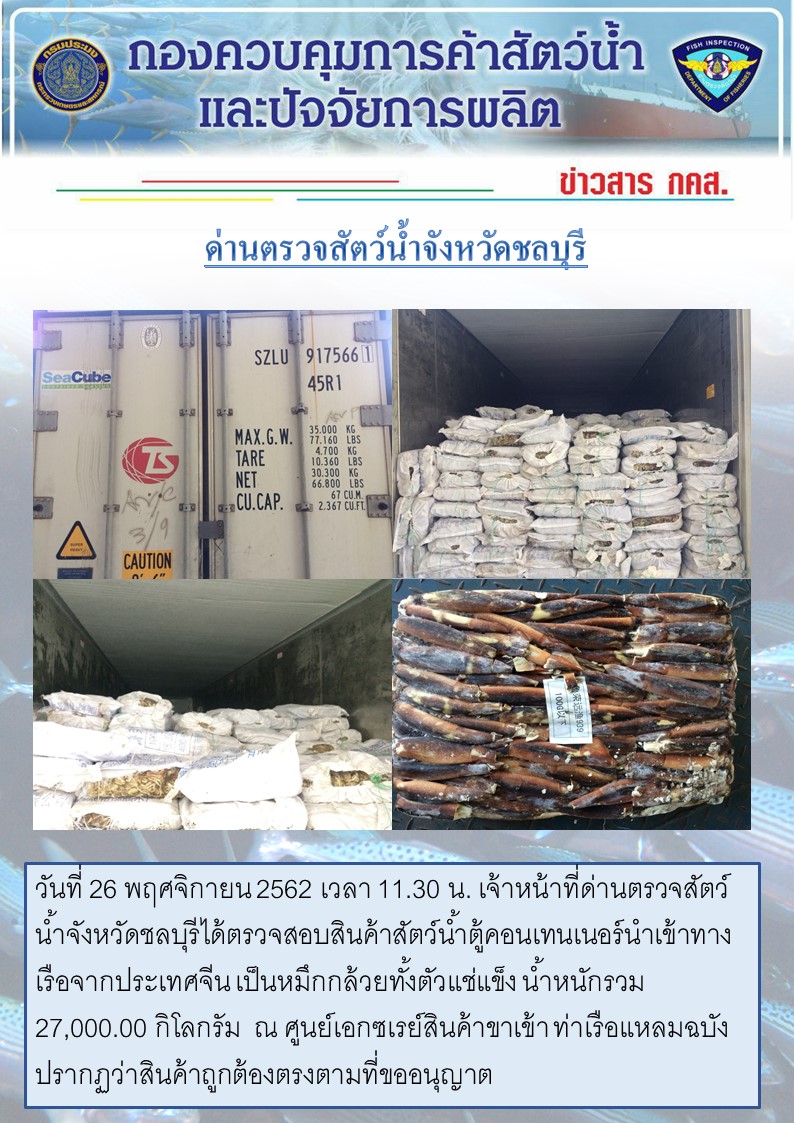 การปฏิบัติงานตรวจสอบสินค้าสัตว์น้ำตู้คอนเทรนเนอร์นำเข้าทางเรือประจำวันที่ 26 พฤศจิกายน 2562..คลิก