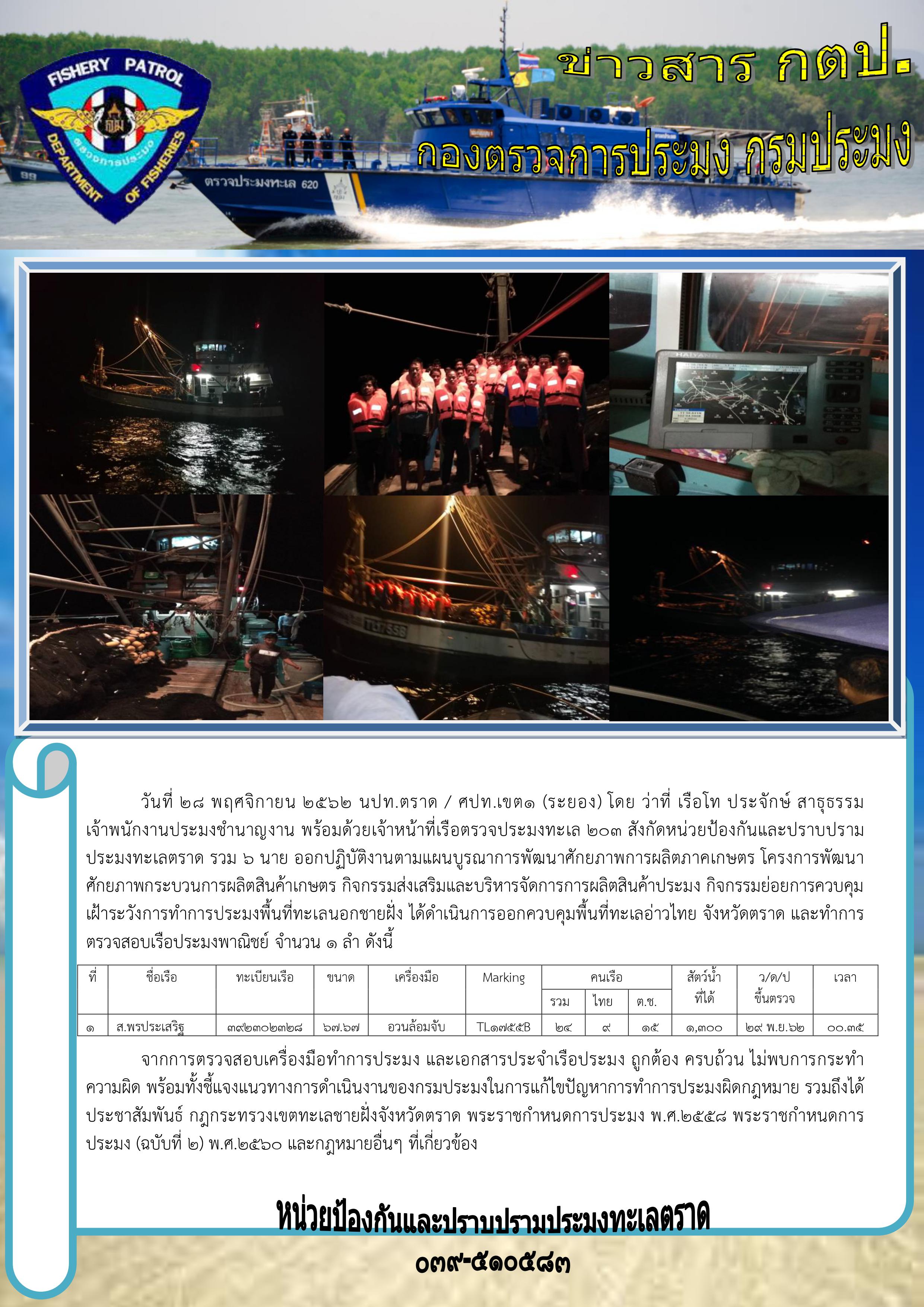 วันที่ 28 พฤศจิกายน 2562 การควบคุมเฝ้าระวังการทำการประมงพื้นที่ทะเลนอกชายฝั่ง เรือตรวจประมงทะเล 203..คลิก