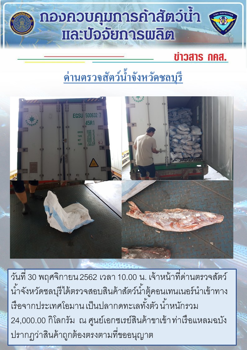 การปฏิบัติงานตรวจสอบสินค้าสัตว์น้ำตู้คอนเทรนเนอร์นำเข้าทางเรือประจำวันที่ 30 พฤศจิกายน 2562..คลิก
