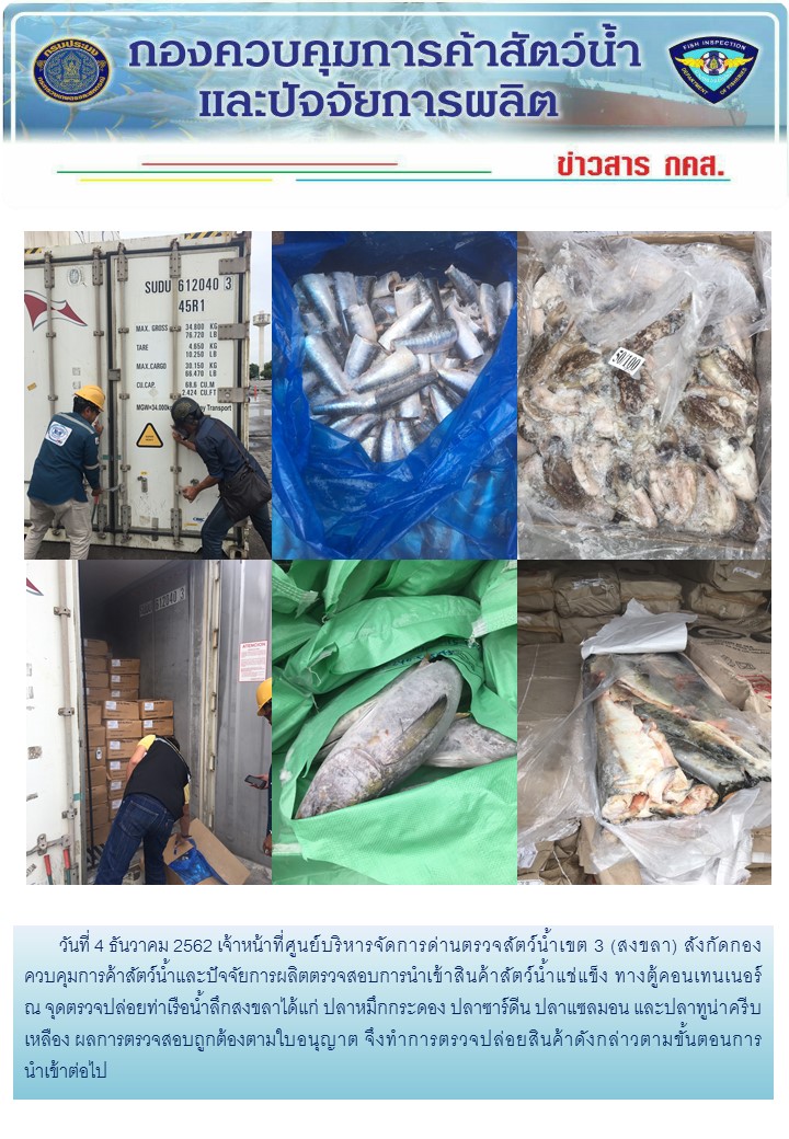 เจ้าหน้าที่ศูนย์บริหารจัดการด่านตรวจสัตว์น้ำเขต 3 (สงขลา) สังกัดกองควบคุมการค้าสัตว์น้ำและปัจจัยการผลิต ตรวจสอบการนำเข้าสินค้าสัตว์น้ำประเภทตู้คอนเทนเนอร์ ณ จุดตรวจปล่อยท่าเรือน้ำลึกสงขลา..คลิก