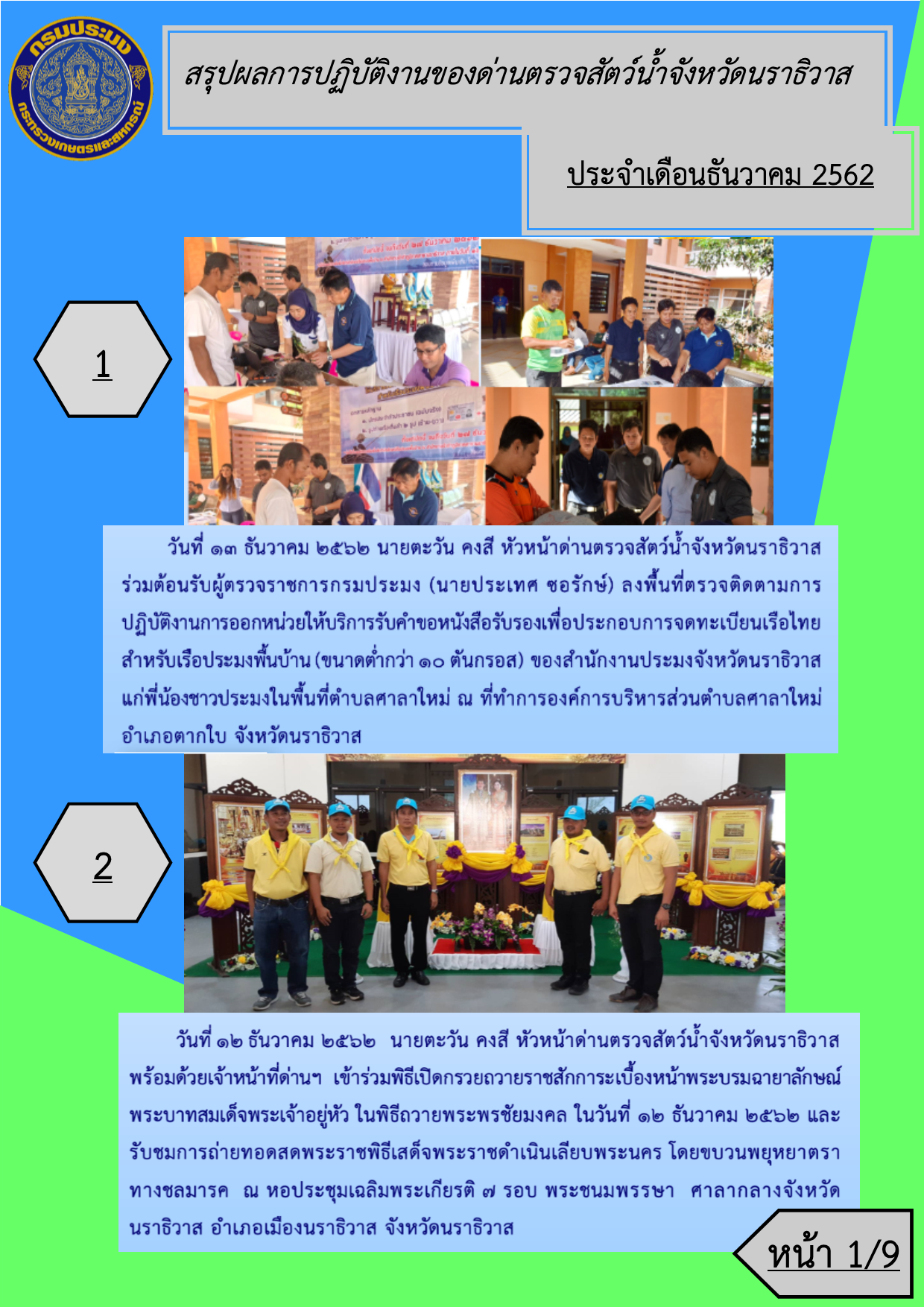 สรุปผลการปฏิบัติงานของด่านตรวจสัตว์น้ำจังหวัดนราธิวาส ประจำเดือนธันวาคม 2562..คลิก