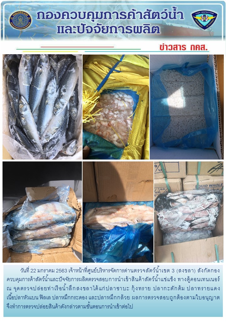 เจ้าหน้าที่ศูนย์บริหารจัดการด่านตรวจสัตว์น้ำเขต 3 (สงขลา) สังกัดกองควบคุมการค้าสัตว์น้ำและปัจจัยการผลิต ตรวจสอบการนำเข้าสินค้าสัตว์น้ำประเภทตู้คอนเทนเนอร์ ณ จุดตรวจปล่อยท่าเรือน้ำลึกสงขลา..คลิก