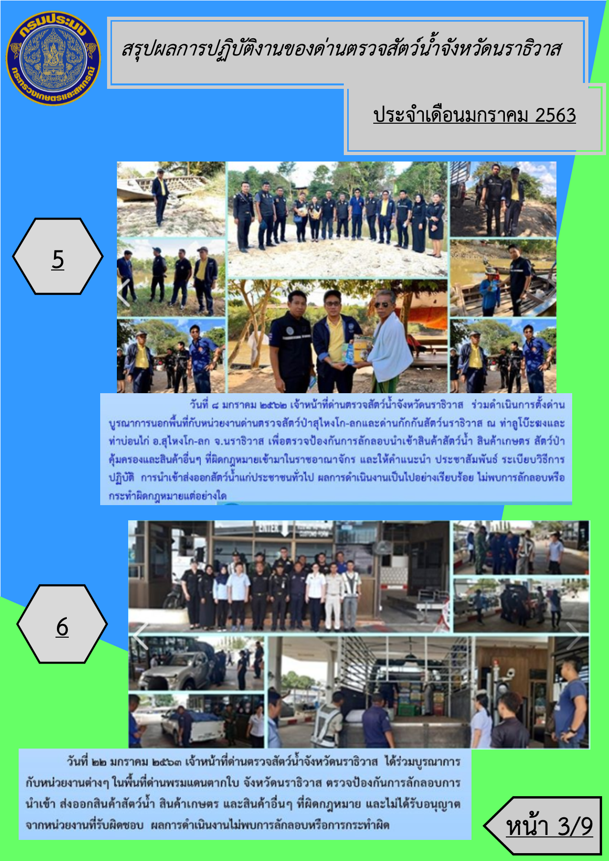 สรุปผลการปฏิบัติงานของด่านตรวจสัตว์น้ำจังหวัดนราธิวาส ประจำเดือนมกราคม 2563..คลิก