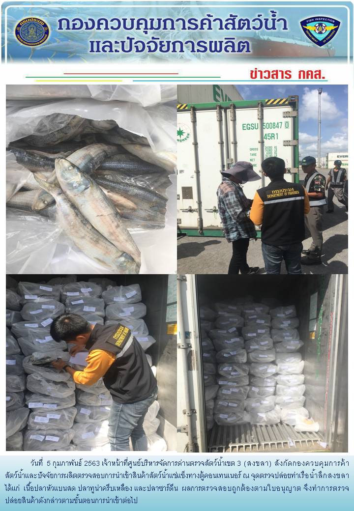เจ้าหน้าที่ศูนย์บริหารจัดการด่านตรวจสัตว์น้ำเขต 3 (สงขลา) สังกัดกองควบคุมการค้าสัตว์น้ำและปัจจัยการผลิต ตรวจสอบการนำเข้าสินค้าสัตว์น้ำประเภทตู้คอนเทนเนอร์ ณ จุดตรวจปล่อยท่าเรือน้ำลึกสงขลา..คลิก
