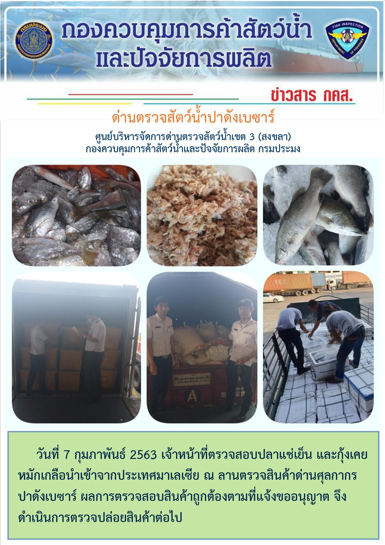 ด่านตรวจสัตว์น้ำปาดังเบซาร์ ตรวจสอบสัตว์น้ำ นำเข้า ประจำวันที่ 7 กุมภาพันธ์ 2563..คลิก