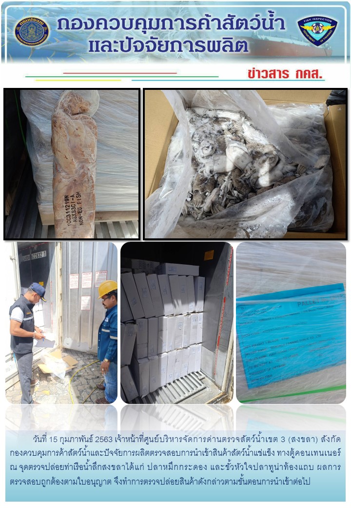 เจ้าหน้าที่ศูนย์บริหารจัดการด่านตรวจสัตว์น้ำเขต 3 (สงขลา) สังกัดกองควบคุมการค้าสัตว์น้ำและปัจจัยการผลิต ตรวจสอบการนำเข้าสินค้าสัตว์น้ำประเภทตู้คอนเทนเนอร์ ณ จุดตรวจปล่อยท่าเรือน้ำลึกสงขลา..คลิก
