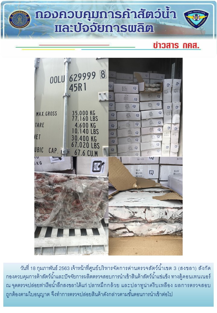 เจ้าหน้าที่ศูนย์บริหารจัดการด่านตรวจสัตว์น้ำเขต 3 (สงขลา) สังกัดกองควบคุมการค้าสัตว์น้ำและปัจจัยการผลิต ตรวจสอบการนำเข้าสินค้าสัตว์น้ำประเภทตู้คอนเทนเนอร์ ณ จุดตรวจปล่อยท่าเรือน้ำลึกสงขลา..คลิก
