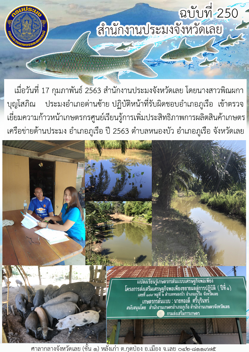 ตรวจเยี่ยมความก้าวหน้าเกษตรกรศูนย์เรียนรู้การเพิ่มประสิทธิภาพการผลิตสินค้าเกษตรเครือข่ายด้านประมง อำเภอภูเรือ จังหวัดเลย..คลิก