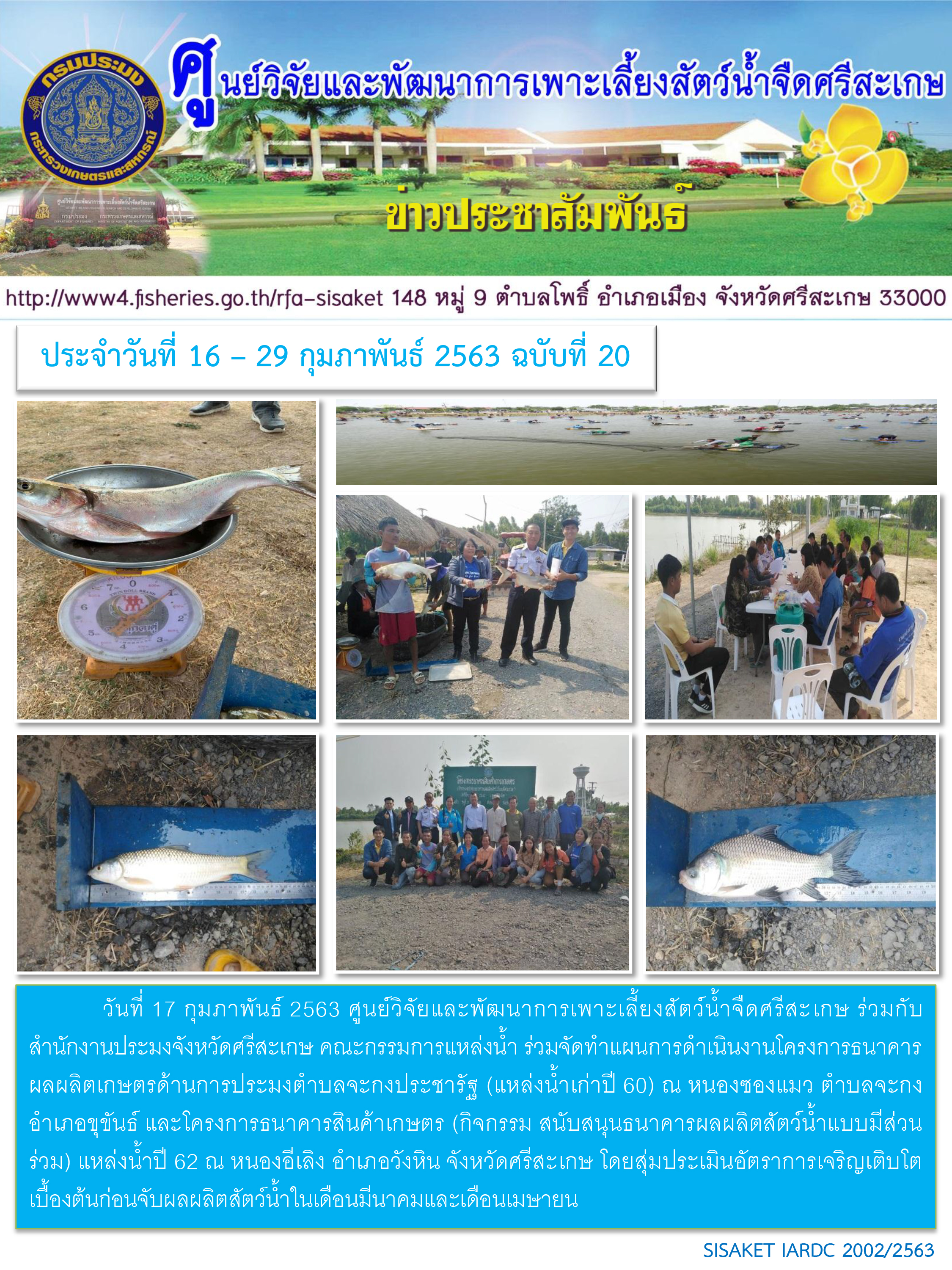 ข่าวประชาสัมพันธ์ประจำวันที่ 17 กุมภาพันธ์ 2563 ศูนย์วิจัยและพัฒนาการเพาะเลี้ยงสัตว์น้ำจืดศรีสะเกษ ปักษ์หลัง ฉบับที่ 20