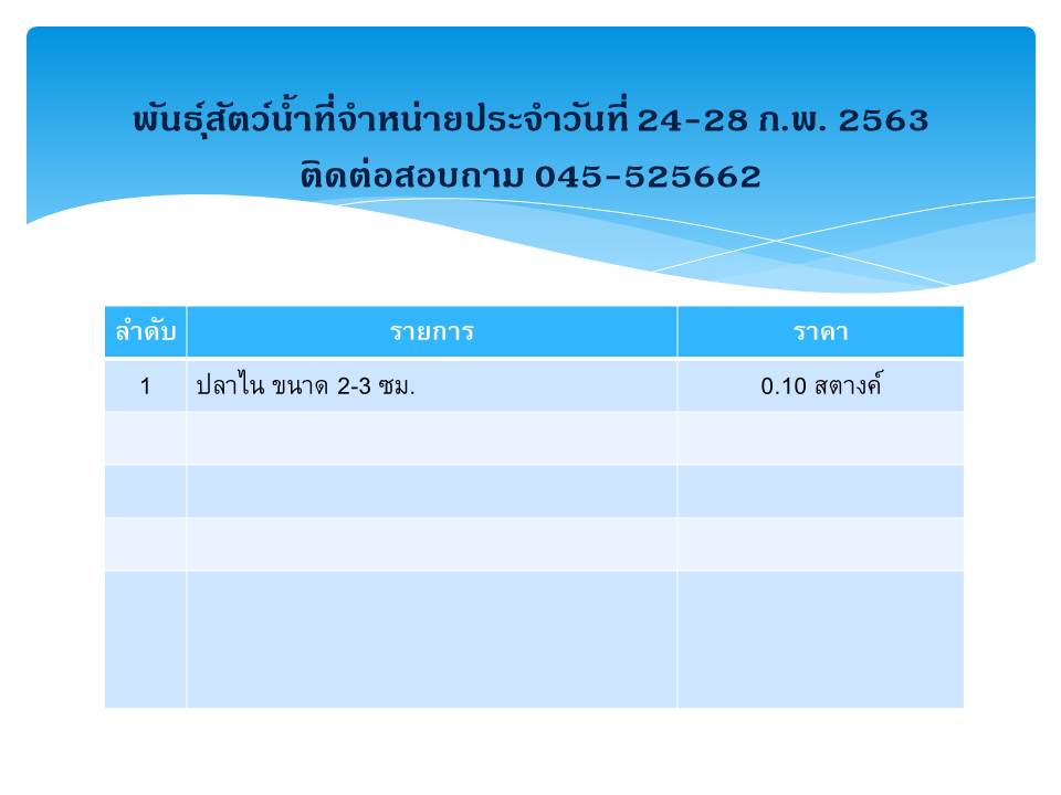 พันธุ์สัตว์น้ำที่จำหน่ายประจำวันที่ 24-28 ก.พ. 63..คลิก