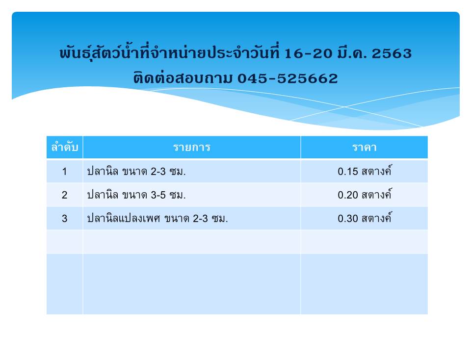 พันธุ์สัตว์น้ำที่จำหน่ายประจำวันที่ 16-20 มี.ค. 63..คลิก