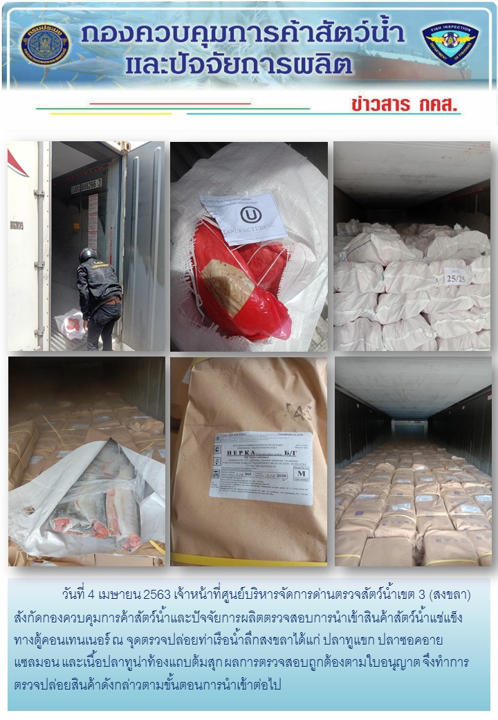 เจ้าหน้าที่ศูนย์บริหารจัดการด่านตรวจสัตว์น้ำเขต 3 (สงขลา) สังกัดกองควบคุมการค้าสัตว์น้ำและปัจจัยการผลิต ตรวจสอบการนำเข้าสินค้าสัตว์น้ำประเภทตู้คอนเทนเนอร์ ณ จุดตรวจปล่อยท่าเรือน้ำลึกสงขลา..คลิก