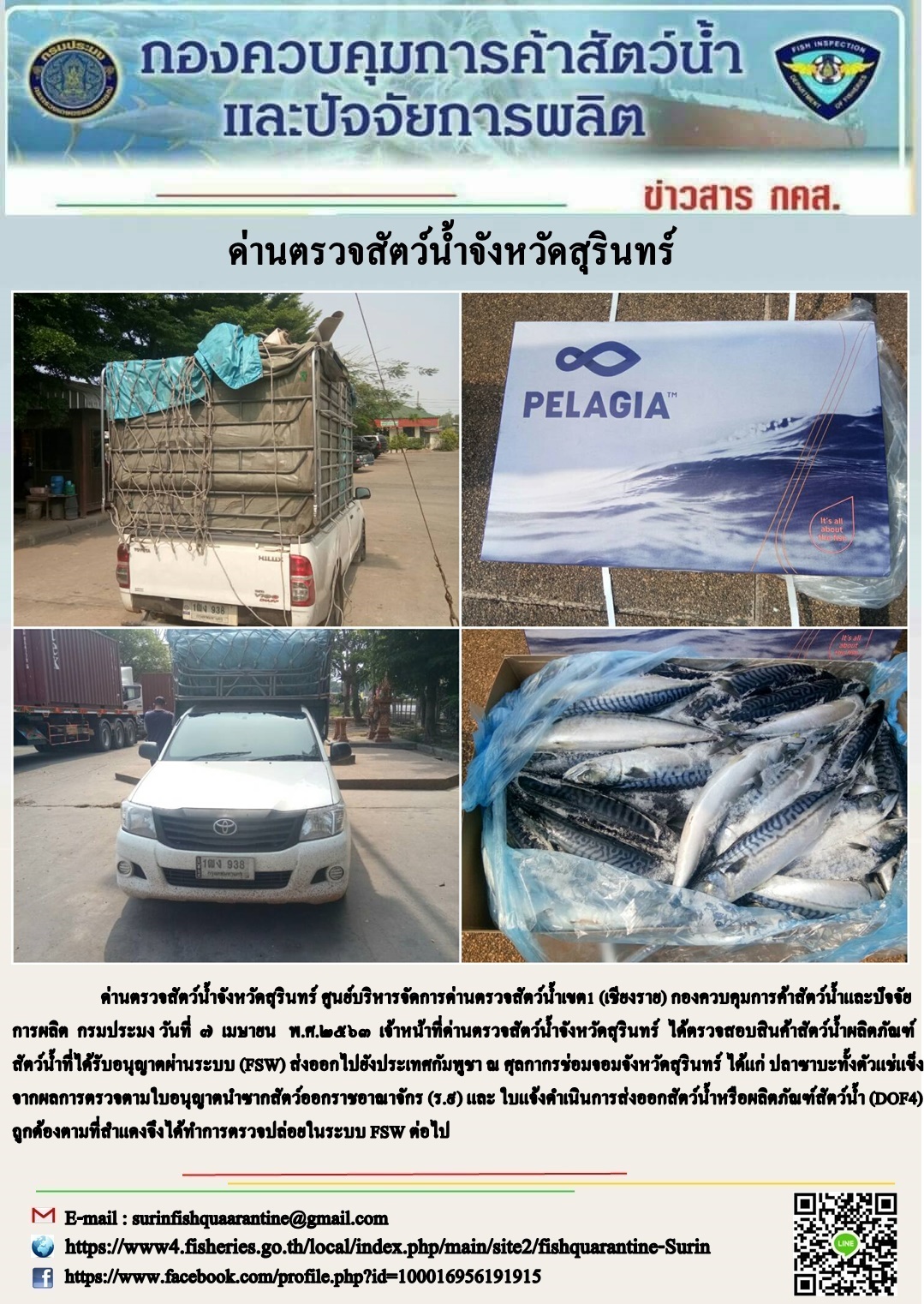 ผลการปฏิบัติงานด่านตรวจสัตว์น้ำจังหวัดสุรินทร์ วันที่ ๗ เมษายน พ.ศ.๒๕๖๓..คลิก