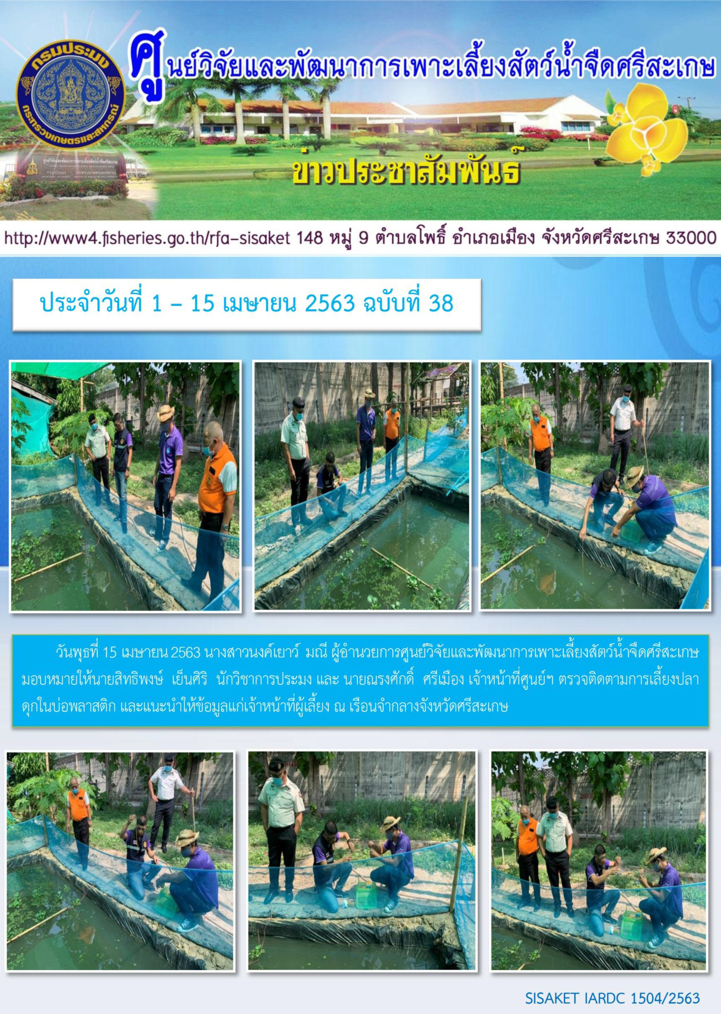 ข่าวประชาสัมพันธ์ประจำวันที่ 15 เมษายน 2563 ศูนย์วิจัยและพัฒนาการเพาะเลี้ยงสัตว์น้ำจืดศรีสะเกษ ปักษ์แรก ฉบับที่ 38..คลิก