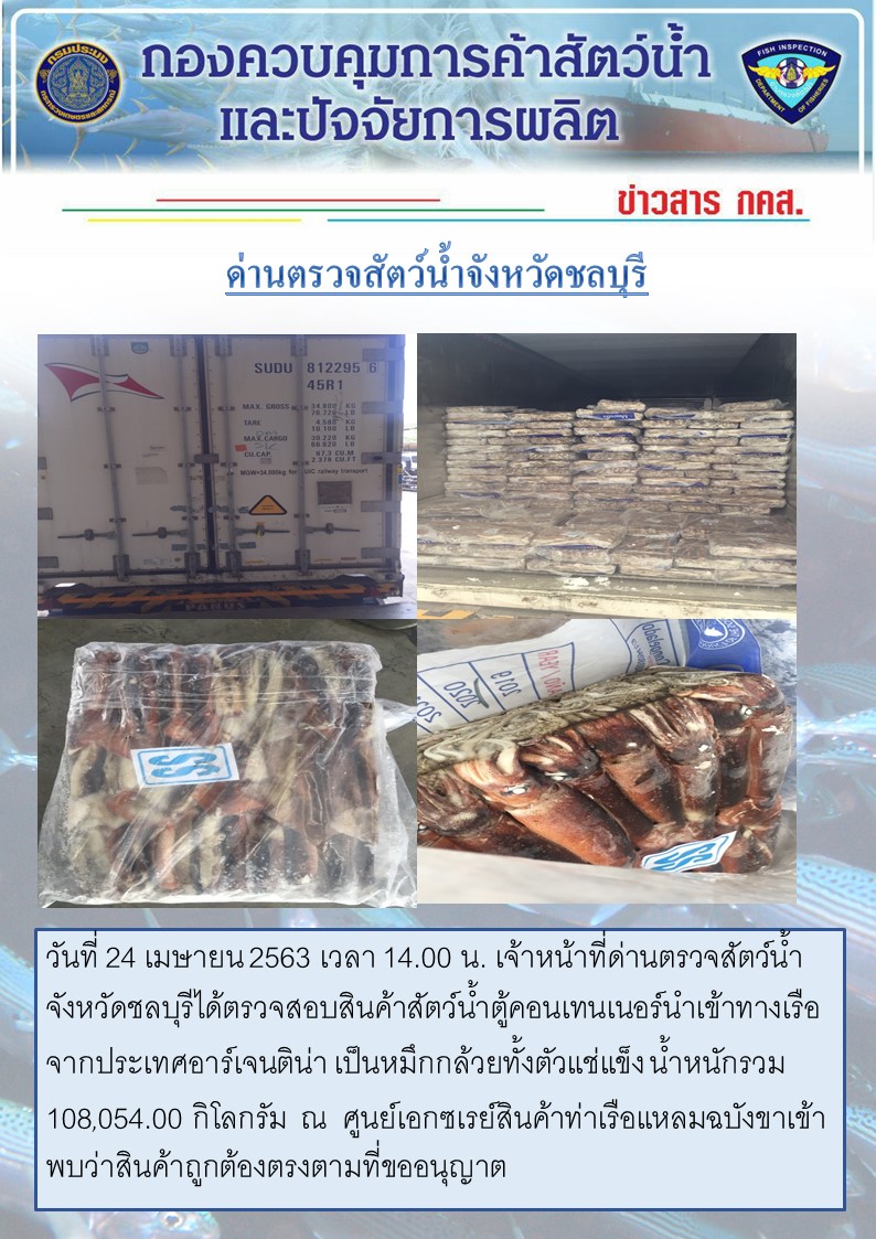 การปฏิบัติงานตรวจสอบสินค้าสัตว์น้ำตู้คอนเทรนเนอร์นำเข้าทางเรือประจำวันที่ 24 เมษายน 2563