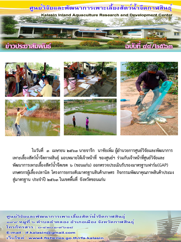 ออกตรวจประเมินรับรองมาตรฐานฟาร์ม(GAP) เกษตรกรผู้เลี้ยงปลานิล โครงการยกระดับมาตรฐานสินค้าเกษตร