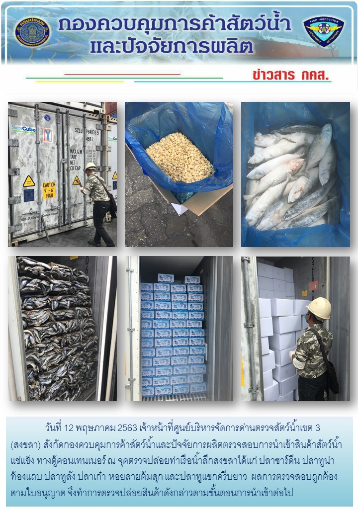 เจ้าหน้าที่ศูนย์บริหารจัดการด่านตรวจสัตว์น้ำเขต 3 (สงขลา) สังกัดกองควบคุมการค้าสัตว์น้ำและปัจจัยการผลิต ตรวจสอบการนำเข้าสินค้าสัตว์น้ำประเภทตู้คอนเทนเนอร์ ณ จุดตรวจปล่อยท่าเรือน้ำลึกสงขลา..คลิก