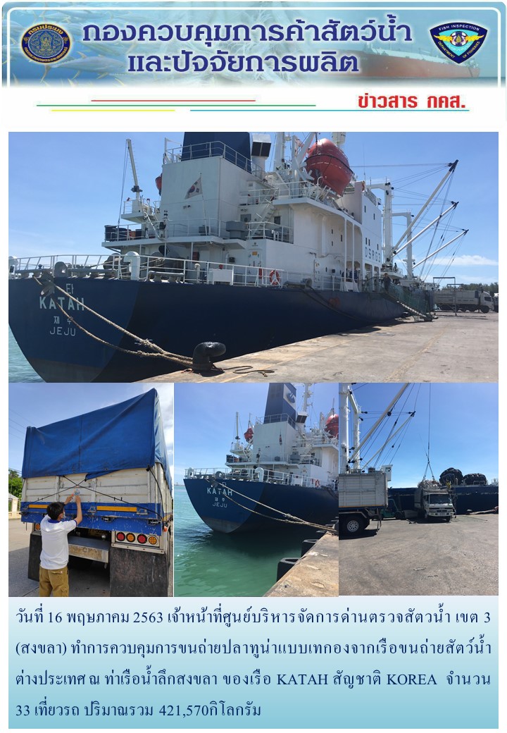 วันที่ 16 พฤษภาคม 2563 เจ้าหน้าที่ศูนย์บริหารจัดการด่านตรวจสัตวน้ำ เขต 3 (สงขลา) ทำการควบคุมการขนถ่ายปลาทูน่าแบบเทกองจากเรือขนถ่ายสัตว์น้ำต่างประเทศ ณ ท่าเรือน้ำลึกสงขลา ของเรือ KATAH สัญชาติ KOREA..คลิก