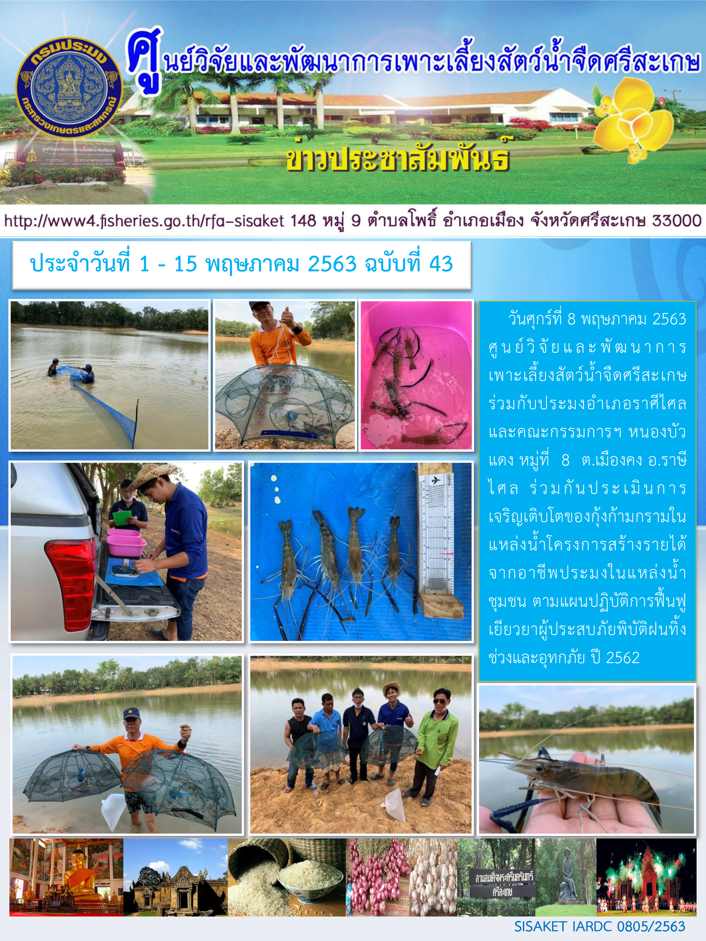 ข่าวประชาสัมพันธ์ประจำวันที่ 8 พฤษภาคม 2563 ศูนย์วิจัยและพัฒนาการเพาะเลี้ยงสัตว์น้ำจืดศรีสะเกษ ปักษ์แรก ฉบับที่ 43