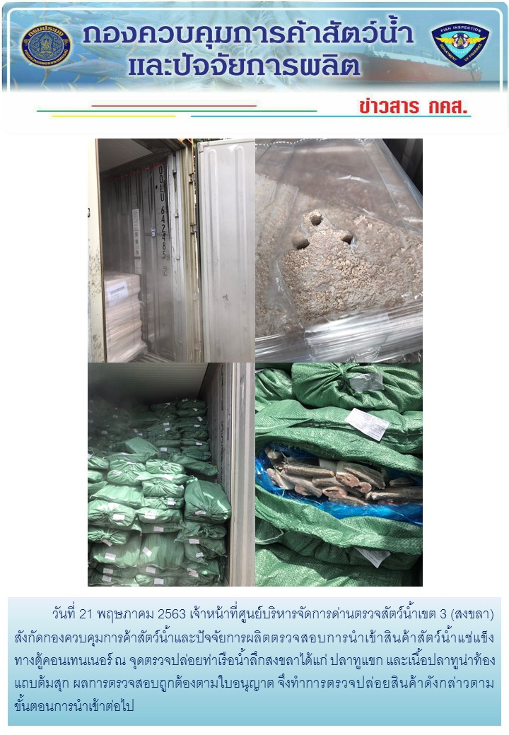 เจ้าหน้าที่ศูนย์บริหารจัดการด่านตรวจสัตว์น้ำเขต 3 (สงขลา) สังกัดกองควบคุมการค้าสัตว์น้ำและปัจจัยการผลิต ตรวจสอบการนำเข้าสินค้าสัตว์น้ำประเภทตู้คอนเทนเนอร์ ณ จุดตรวจปล่อยท่าเรือน้ำลึกสงขลา..คลิก