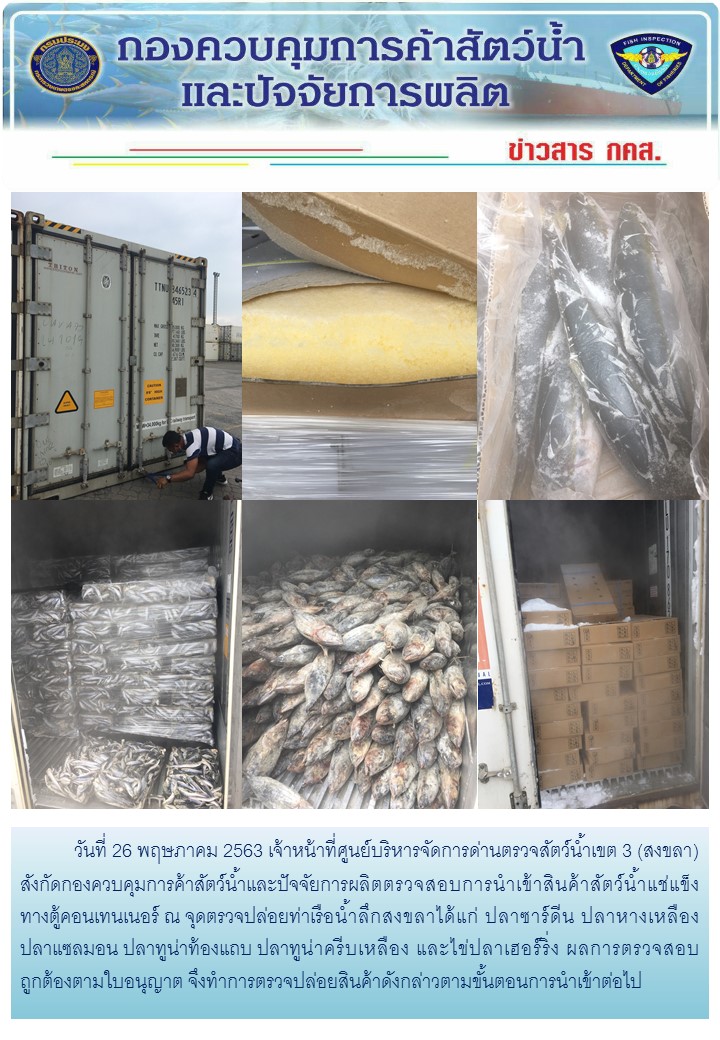 เจ้าหน้าที่ศูนย์บริหารจัดการด่านตรวจสัตว์น้ำเขต 3 (สงขลา) สังกัดกองควบคุมการค้าสัตว์น้ำและปัจจัยการผลิต ตรวจสอบการนำเข้าสินค้าสัตว์น้ำประเภทตู้คอนเทนเนอร์ ณ จุดตรวจปล่อยท่าเรือน้ำลึกสงขลา..คลิก
