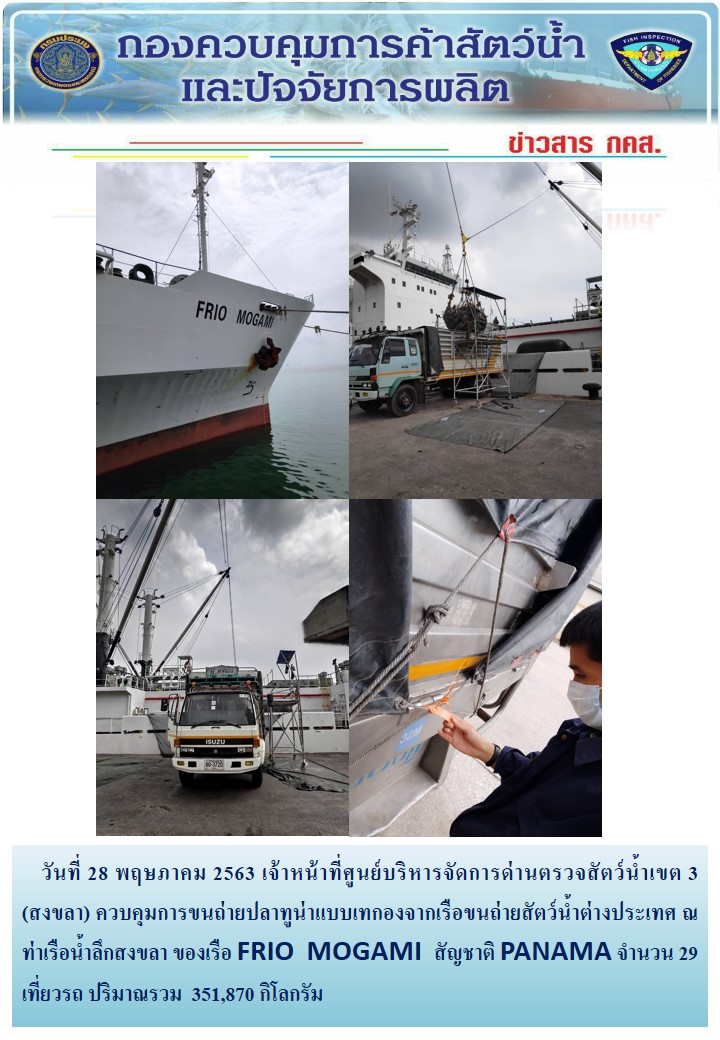 เจ้าหน้าที่ศูนย์บริหารจัดการด่านตรวจสัตว์น้ำเขต 3 (สงขลา) สังกัดกองควบคุมการค้าสัตว์น้ำและปัจจัยการผลิต ควบคุมการขนถ่ายปลาทูน่าแบบเทกองจากเรือขนถ่ายสัตว์น้ำต่างประเทศ ณ จุดตรวจปล่อยท่าเรือน้ำลึกสงขลา..คลิก
