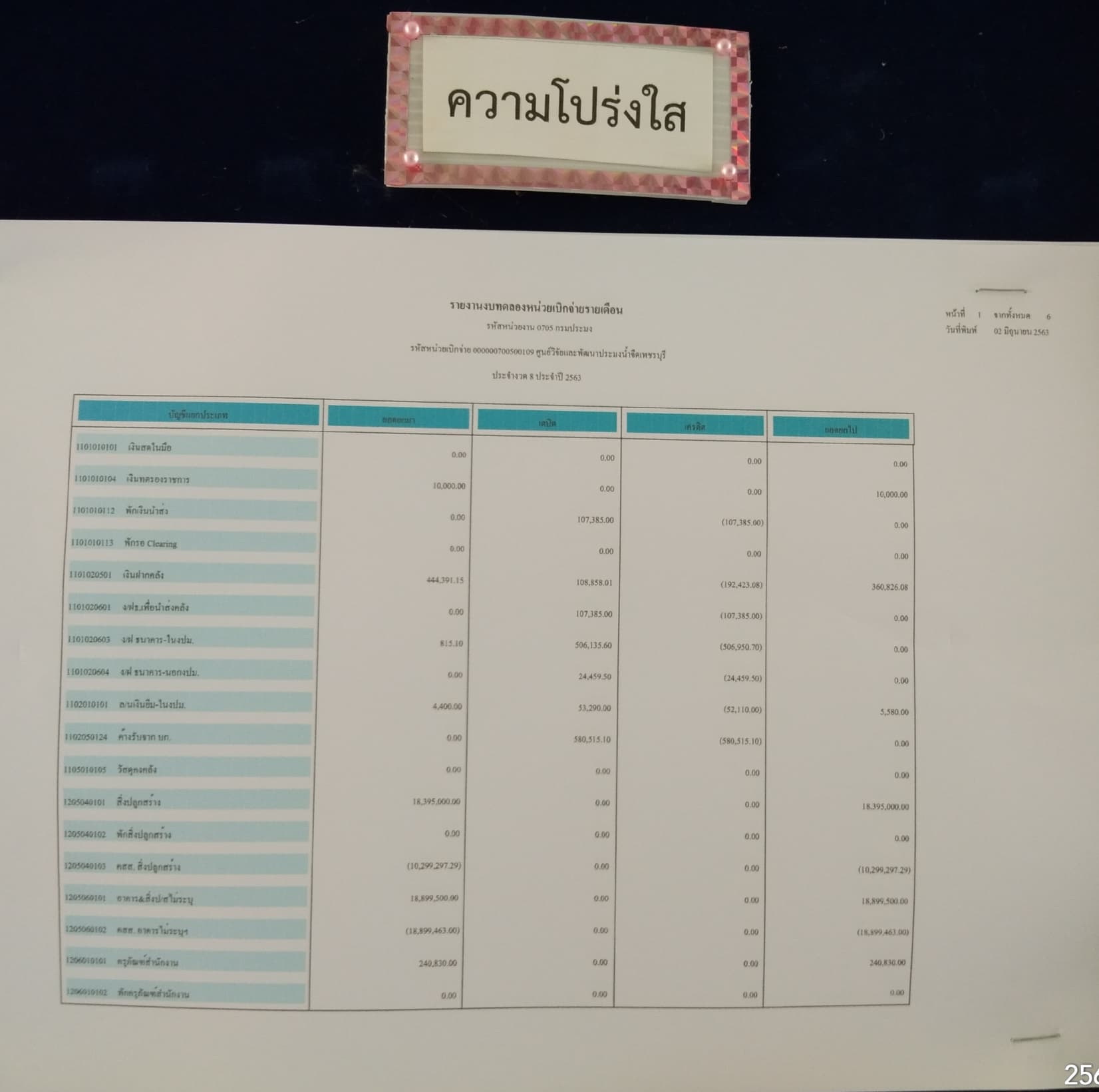 รายงานงบทดลองหน่วยเบิกจ่ายรายเดือน ประจำงวดที่8 ปี 2563