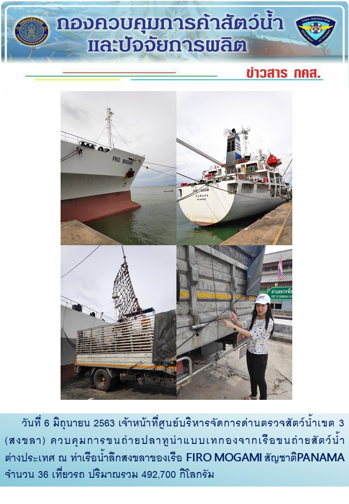 เจ้าหน้าที่ศูนย์บริหารจัดการด่านตรวจสัตว์น้ำเขต 3 (สงขลา) สังกัดกองควบคุมการค้าสัตว์น้ำและปัจจัยการผลิต ควบคุมการขนถ่ายปลาทูน่าแบบเทกองจากเรือขนถ่ายสัตว์น้ำต่างประเทศ ณ จุดตรวจปล่อยท่าเรือน้ำลึกสงขลา..คลิก