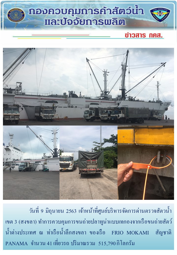 วันที่ 9 มิถุนายน 2563 เจ้าหน้าที่ศูนย์บริหารจัดการด่านตรวจสัตวน้ำ เขต 3 (สงขลา) ทำการควบคุมการขนถ่ายปลาทูน่าแบบเทกองจากเรือขนถ่ายสัตว์น้ำต่างประเทศ ณ ท่าเรือน้ำลึกสงขลา ของเรือ  FRIO MOKAMI  สัญชาติ PANAMA..คลิก