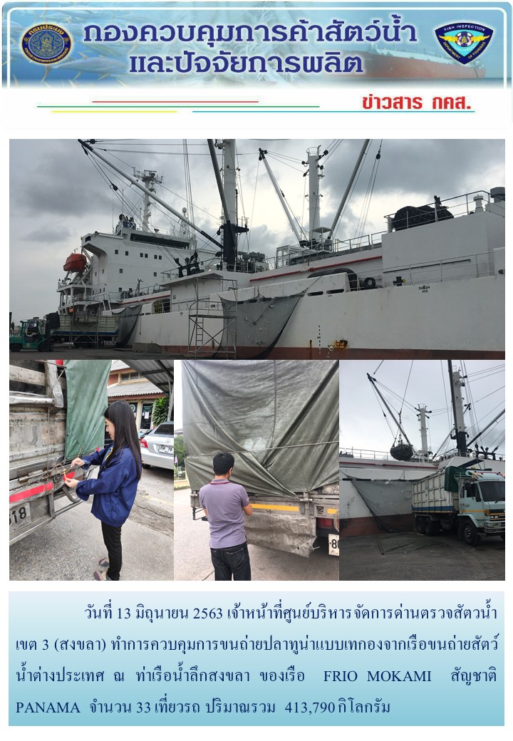 วันที่ 14 มิถุนายน 2563 เจ้าหน้าที่ศูนย์บริหารจัดการด่านตรวจสัตวน้ำ เขต 3 (สงขลา) ทำการควบคุมการขนถ่ายปลาทูน่าแบบเทกองจากเรือขนถ่ายสัตว์น้ำต่างประเทศ ณ ท่าเรือน้ำลึกสงขลา ของเรือ  FRIO MOKAMI  สัญชาติ PANAMA..คลิก