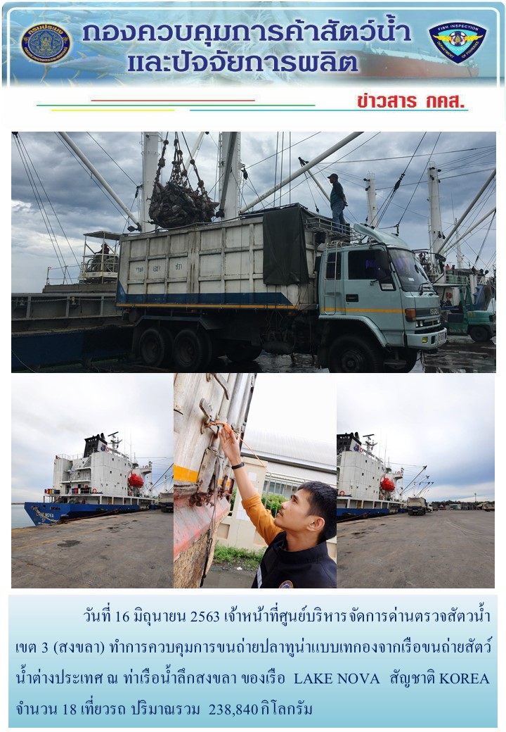 วันที่ 16 มิถุนายน 2563 เจ้าหน้าที่ศูนย์บริหารจัดการด่านตรวจสัตวน้ำ เขต 3 (สงขลา) ทำการควบคุมการขนถ่ายปลาทูน่าแบบเทกองจากเรือขนถ่ายสัตว์น้ำต่างประเทศ ณ ท่าเรือน้ำลึกสงขลา ของเรือ  LAKE NOVA  สัญชาติ KOREA..คลิก