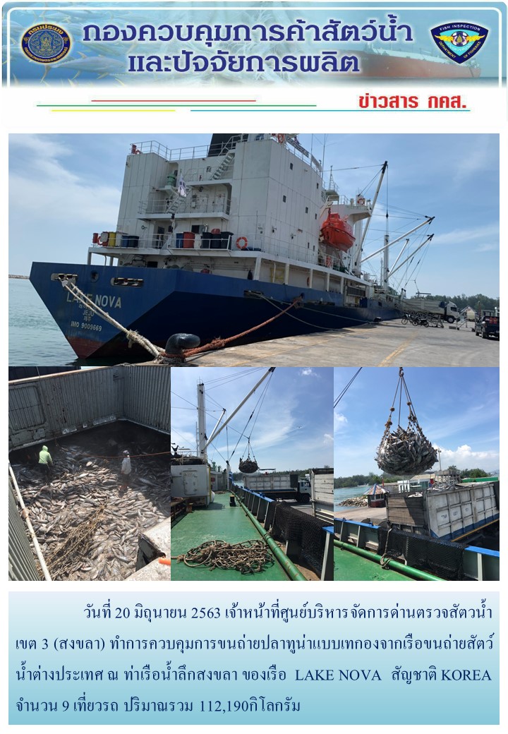 เจ้าหน้าที่ศูนย์บริหารจัดการด่านตรวจสัตว์น้ำเขต 3 (สงขลา) สังกัดกองควบคุมการค้าสัตว์น้ำและปัจจัยการผลิต ตรวจสอบการนำเข้าสินค้าสัตว์น้ำประเภทตู้คอนเทนเนอร์ ณ จุดตรวจปล่อยท่าเรือน้ำลึกสงขลา..คลิก