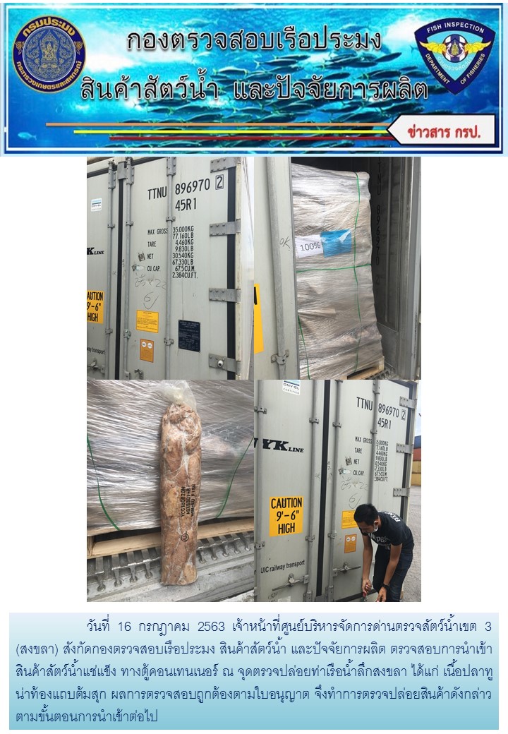 เจ้าหน้าที่ศูนย์บริหารจัดการด่านตรวจสัตว์น้ำเขต 3 (สงขลา) สังกัดกองควบคุมการค้าสัตว์น้ำและปัจจัยการผลิต ตรวจสอบการนำเข้าสินค้าสัตว์น้ำประเภทตู้คอนเทนเนอร์ ณ จุดตรวจปล่อยท่าเรือน้ำลึกสงขลา..คลิก