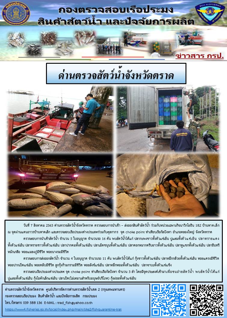วันที่ 7 สิงหาคม 2563 ด่านตรวจสัตว์น้ำจังหวัดตราด ตรวจสอบการนำเข้า – ส่งออกสินค้าสัตว์น้ำ ร่วมกับหน่วยเฉพาะกิจนาวิกโยธิน 182 บ้านหาดเล็ก ณ จุดผ่านแดนถาวรบ้านหาดเล็ก และตรวจสอบเรือประมงต่างประเทศร่วมกับศุลกากร จุด choke point ท่าเทียบเรือกัลปังหา อำเภอคลองใหญ่ จังหวัดตราด..คลิก