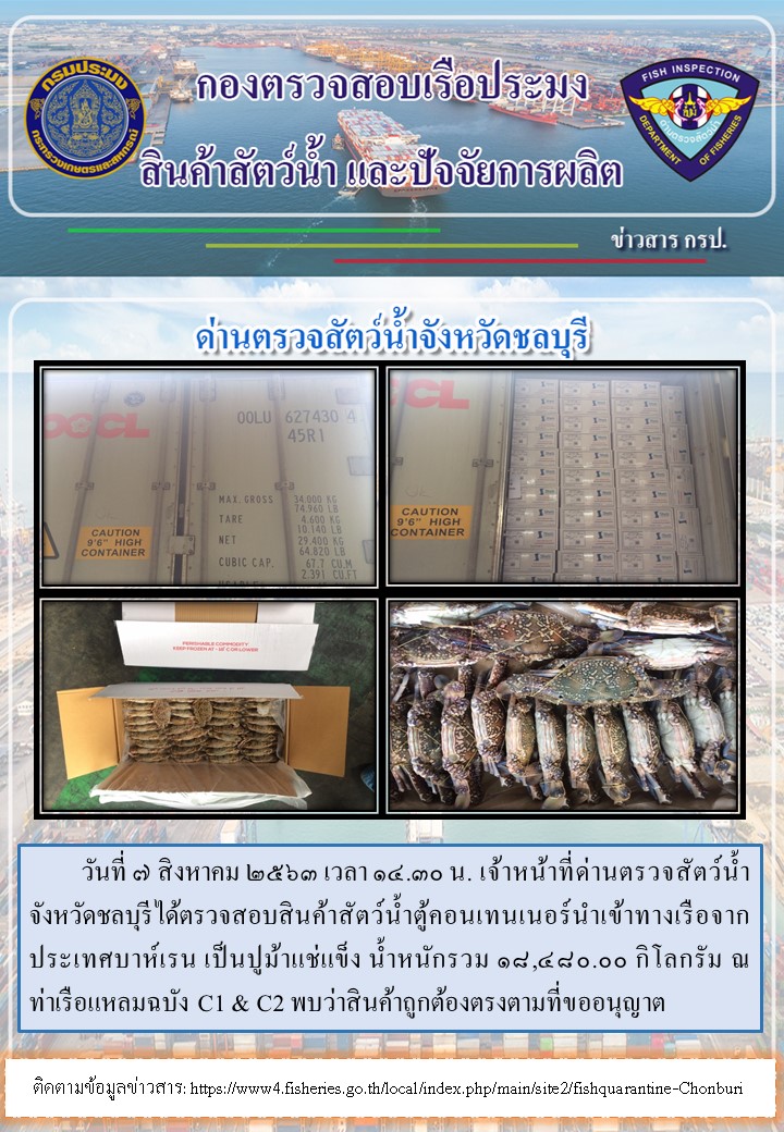 การปฏิบัติงานตรวจสอบสินค้าสัตว์น้ำตู้คอนเทรนเนอร์นำเข้าทางเรือประจำวันที่ 7 สิงหาคม 2563..คลิก