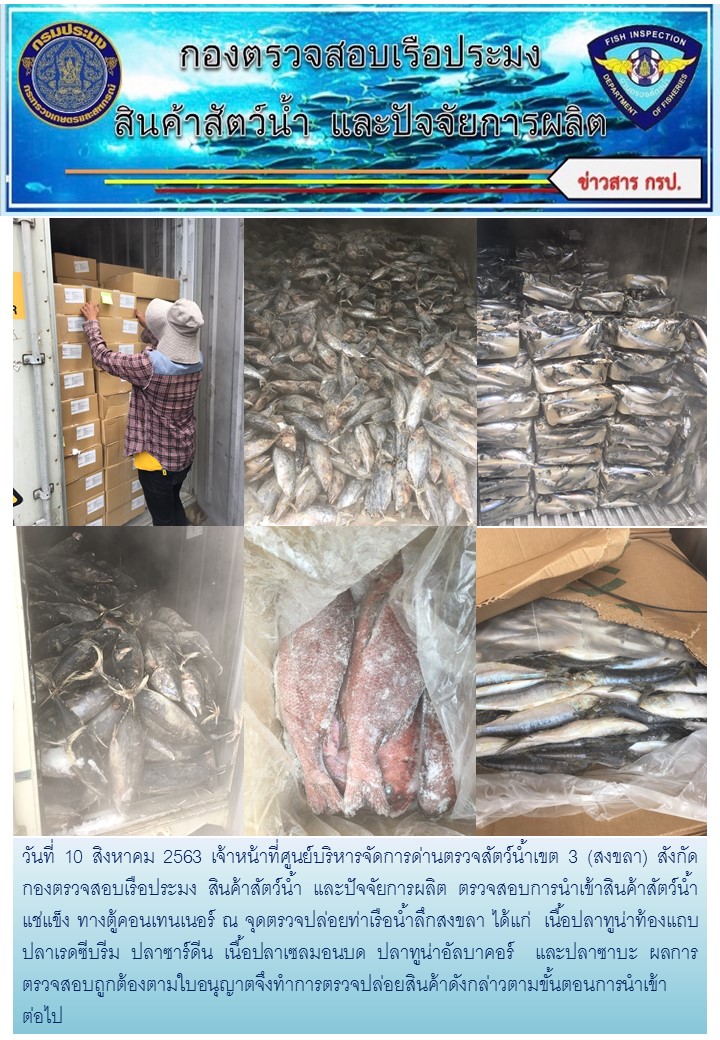 เจ้าหน้าที่ศูนย์บริหารจัดการด่านตรวจสัตว์น้ำเขต 3 (สงขลา) สังกัดกองตรวจสอบเรือประมง สินค้าสัตว์น้ำ และปัจจัยการผลิต ตรวจสอบการนำเข้าสินค้าสัตว์น้ำประเภทตู้คอนเทนเนอร์ ณ จุดตรวจปล่อยท่าเรือน้ำลึกสงขลา..คลิก