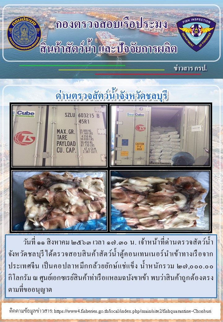 การปฏิบัติงานตรวจสอบสินค้าสัตว์น้ำตู้คอนเทรนเนอร์นำเข้าทางเรือประจำวันที่ 11 สิงหาคม 2563..คลิก