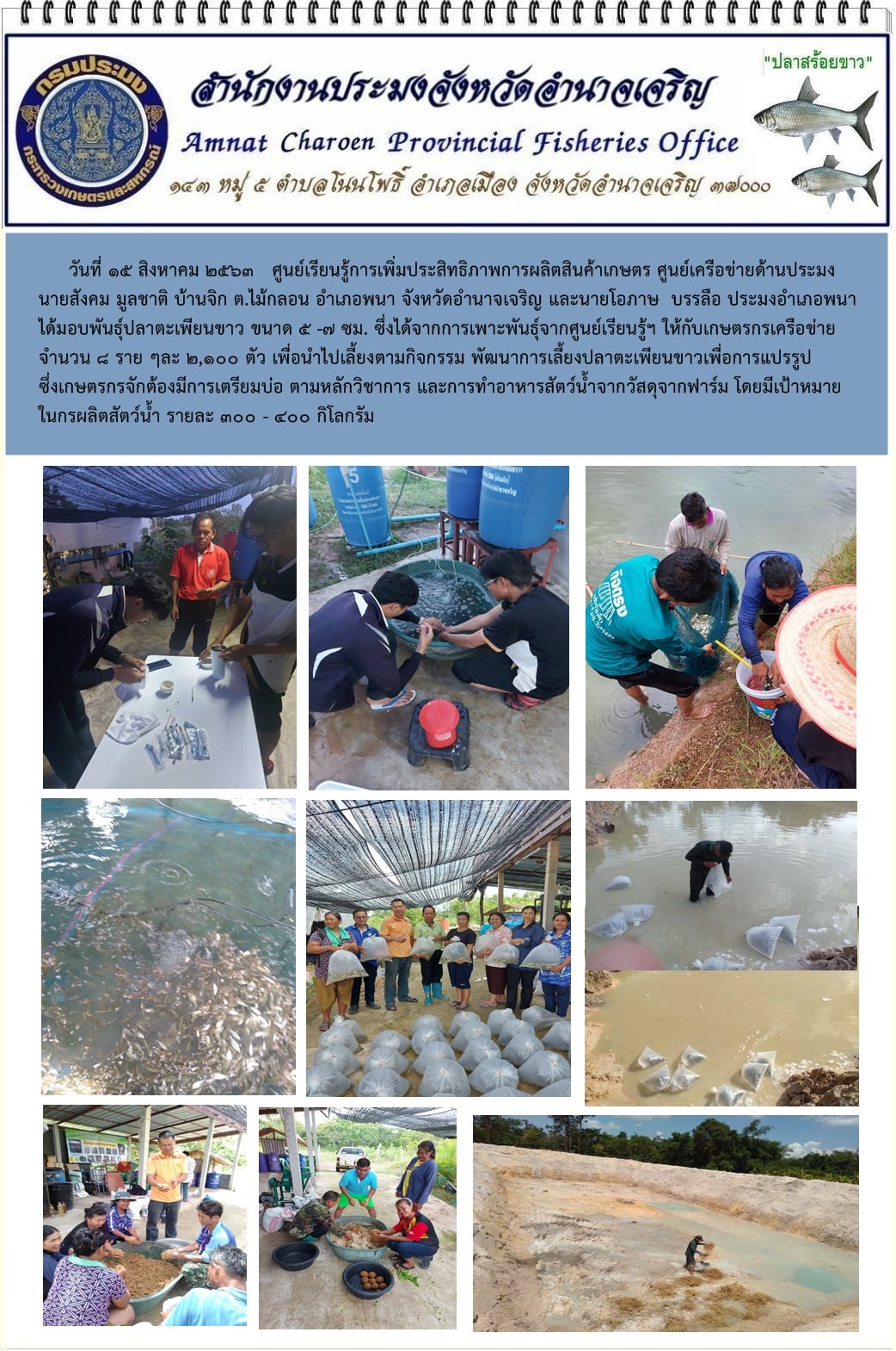 ศูนย์เรียนรู้การเพิ่มประสิทธิภาพการผลิตสินค้าเกษตร ศูนย์เครือข่ายด้านประมง นายสังคม มูลชาติ..คลิก