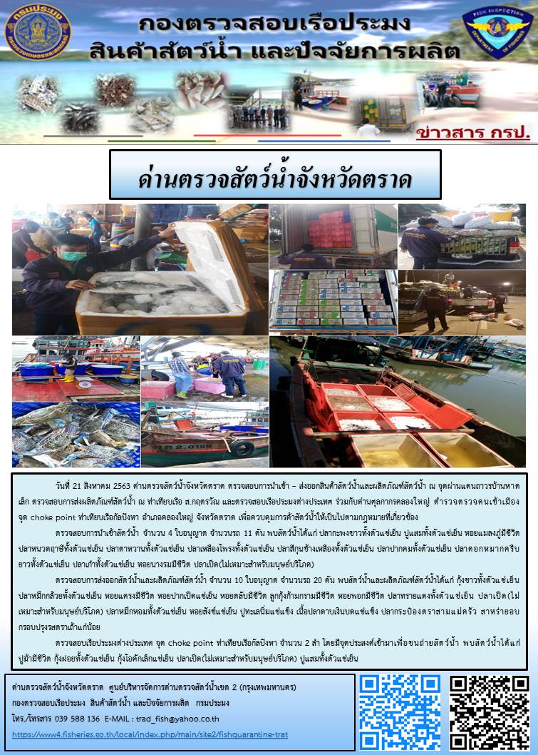 วันที่ 21 สิงหาคม 2563 ด่านตรวจสัตว์น้ำจังหวัดตราด ตรวจสอบการนำเข้า – ส่งออกสินค้าสัตว์น้ำและผลิตภัณฑ์สัตว์น้ำ ณ จุดผ่านแดนถาวรบ้านหาดเล็ก ตรวจสอบการส่งผลิตภัณฑ์สัตว์น้ำ ณ ท่าเทียบเรือ ส.กฤตรวัณ และตรวจสอบเรือประมงต่างประเทศ ร่วมกับด่านศุลกากรคลองใหญ่ ตำรวจตรวจคนเข้าเมือง จุด choke point ท่าเทียบเรือกัลปังหา อำเภอคลองใหญ่ จังหวัดตราด เพื่อควบคุมการค้าสัตว์น้ำให้เป็นไปตามกฎหมายที่เกี่ยวข้อง..คลิก