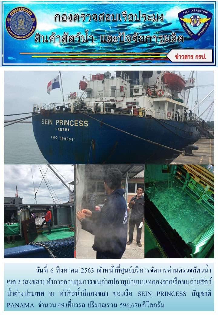 วันที่ 6 สิงหาคม 2563 เจ้าหน้าที่ศูนย์บริหารจัดการด่านตรวจสัตวน้ำ เขต 3 (สงขลา) ทำการควบคุมการขนถ่ายปลาทูน่าแบบเทกองจากเรือขนถ่ายสัตว์น้ำต่างประเทศ ณ ท่าเรือน้ำลึกสงขลา ของเรือ SEIN PRINCESS สัญชาติ PANAMA..คลิก