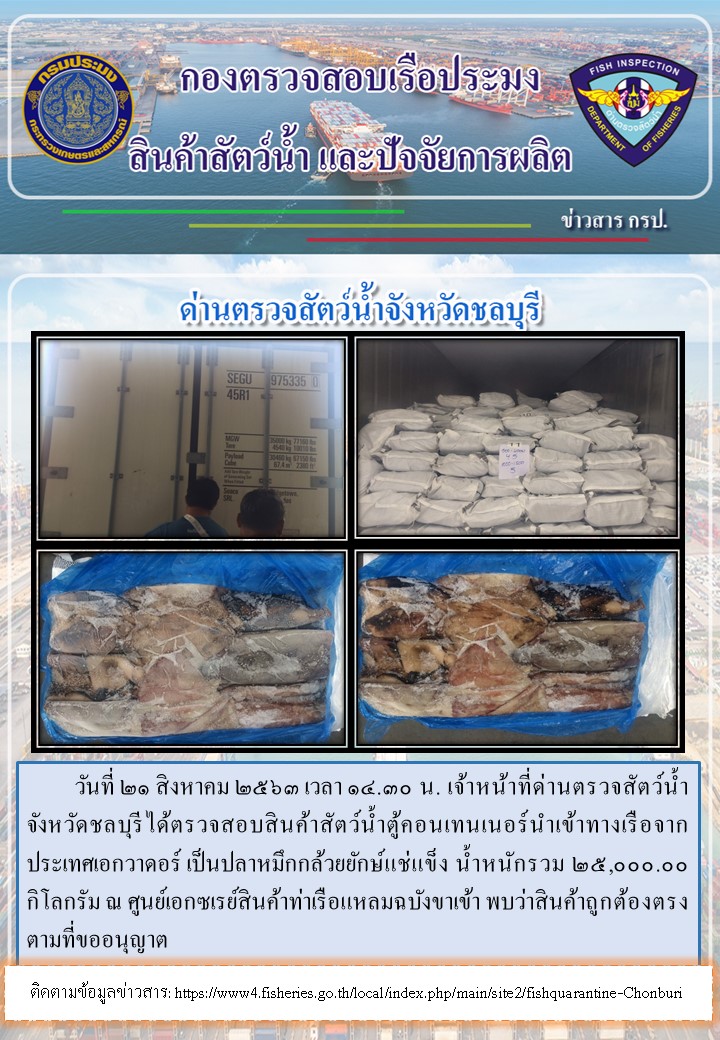 การปฏิบัติงานตรวจสอบสินค้าสัตว์น้ำตู้คอนเทรนเนอร์นำเข้าทางเรือประจำวันที่ 21 สิงหาคม 2563..คลิก
