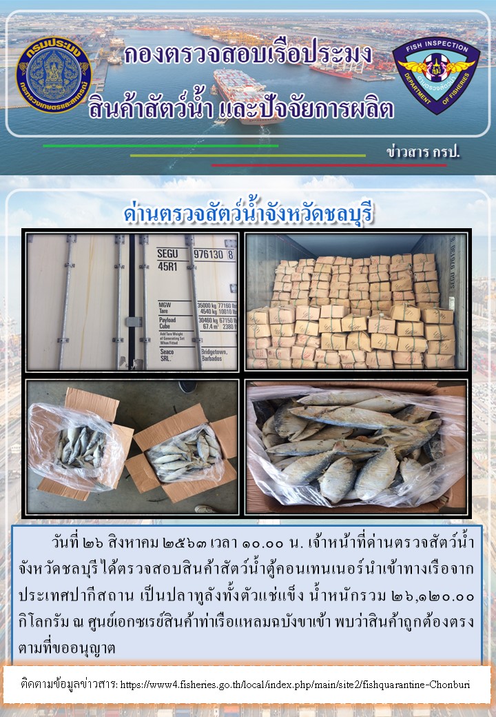 การปฏิบัติงานตรวจสอบสินค้าสัตว์น้ำตู้คอนเทรนเนอร์นำเข้าทางเรือประจำวันที่ 26 สิงหาคม 2563..คลิก