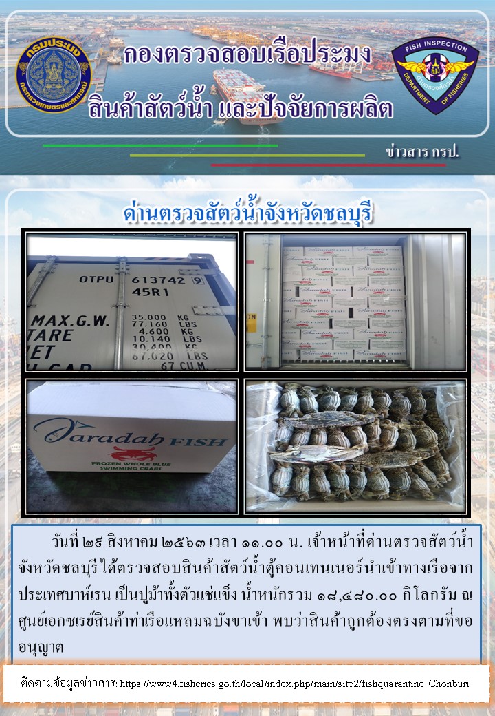 การปฏิบัติงานตรวจสอบสินค้าสัตว์น้ำตู้คอนเทรนเนอร์นำเข้าทางเรือประจำวันที่ 29 สิงหาคม 2563..คลิก