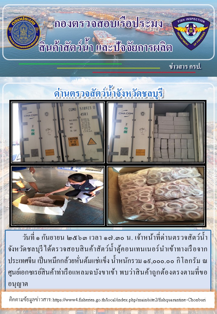 การปฏิบัติงานตรวจสอบสินค้าสัตว์น้ำตู้คอนเทรนเนอร์นำเข้าทางเรือประจำวันที่ 1 กันยายน 2563..คลิก