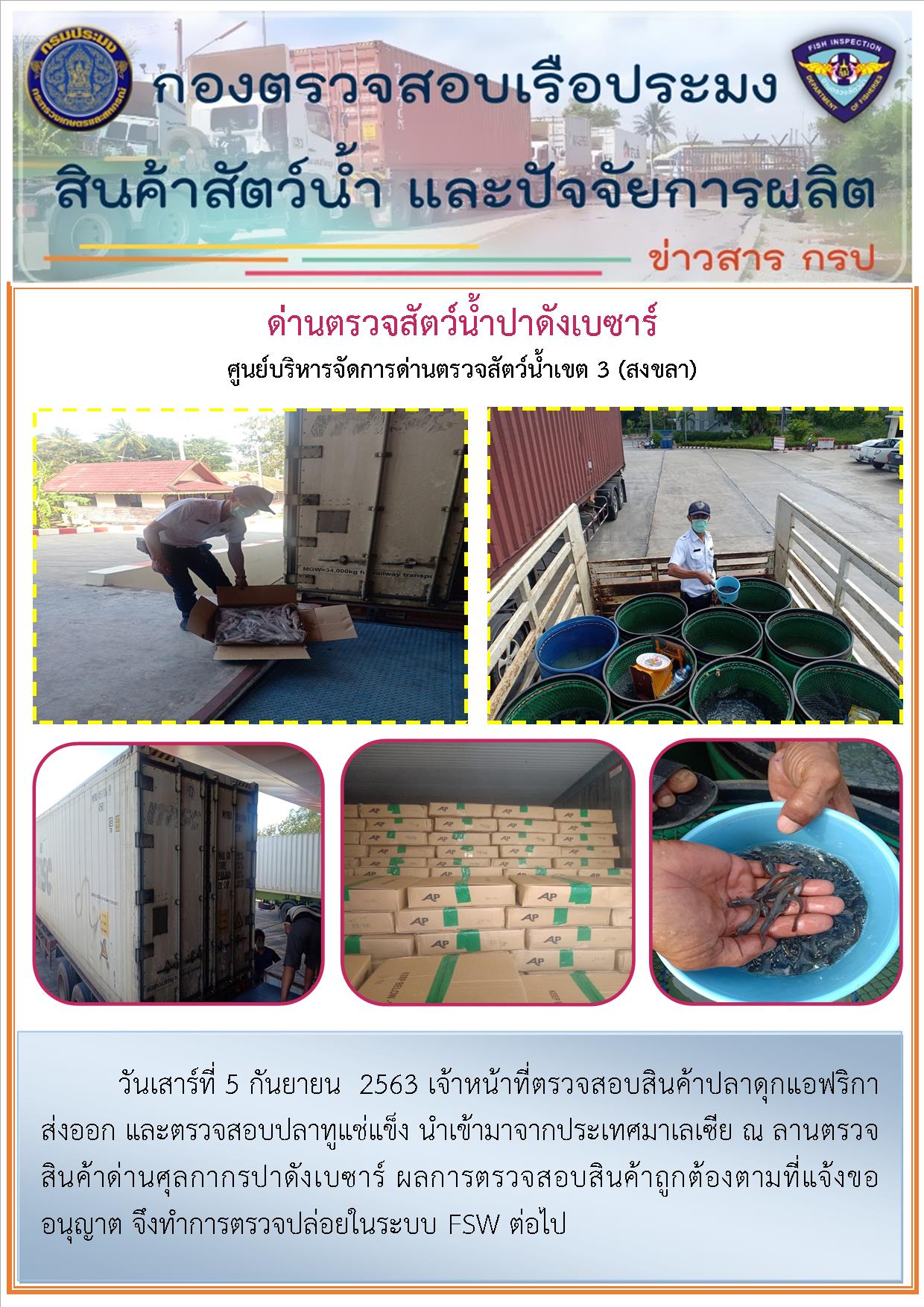 ด่านตรวจสัตว์น้ำปาดังเบซาร์ตรวจสอบสัตว์น้ำนำเข้า-ส่งออก..คลิก