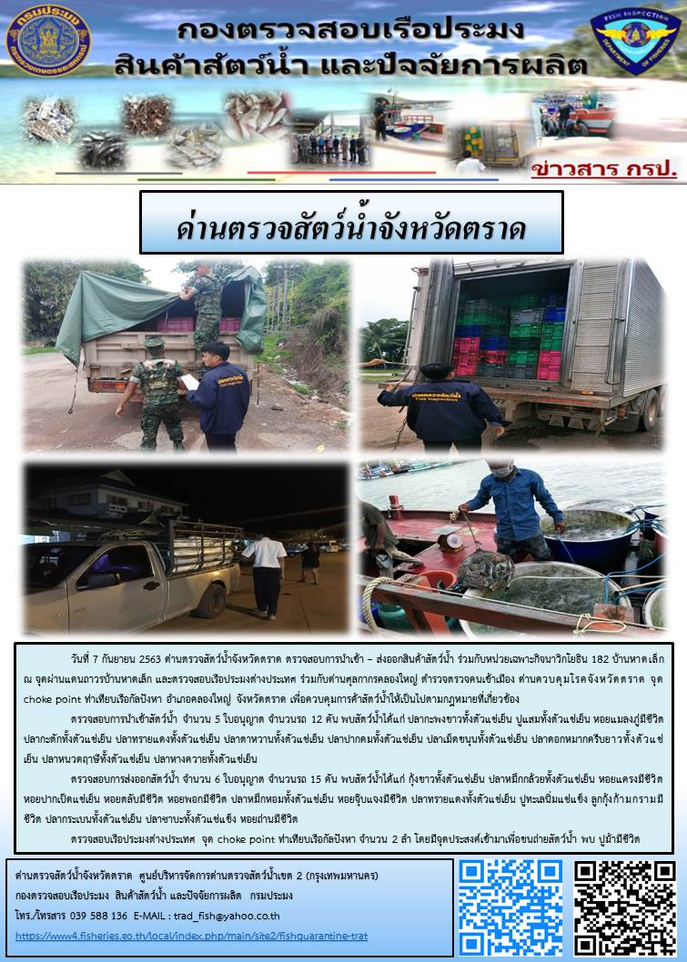 วันที่ 7 กันยายน 2563 ด่านตรวจสัตว์น้ำจังหวัดตราด ตรวจสอบการนำเข้า – ส่งออกสินค้าสัตว์น้ำ ร่วมกับหน่วยเฉพาะกิจนาวิกโยธิน 182 บ้านหาดเล็ก  ณ จุดผ่านแดนถาวรบ้านหาดเล็ก และตรวจสอบเรือประมงต่างประเทศ ร่วมกับด่านศุลกากรคลองใหญ่ ตำรวจตรวจคนเข้าเมือง ด่านควบคุมโรคจังหวัดตราด จุด choke point ท่าเทียบเรือกัลปังหา อำเภอคลองใหญ่ จังหวัดตราด เพื่อควบคุมการค้าสัตว์น้ำให้เป็นไปตามกฎหมายที่เกี่ยวข้อง..คลิก